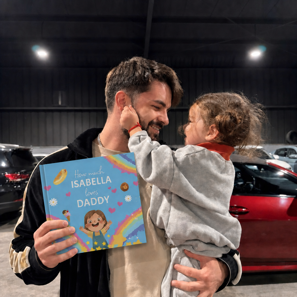 Dad holding child with How Much I Love Daddy book