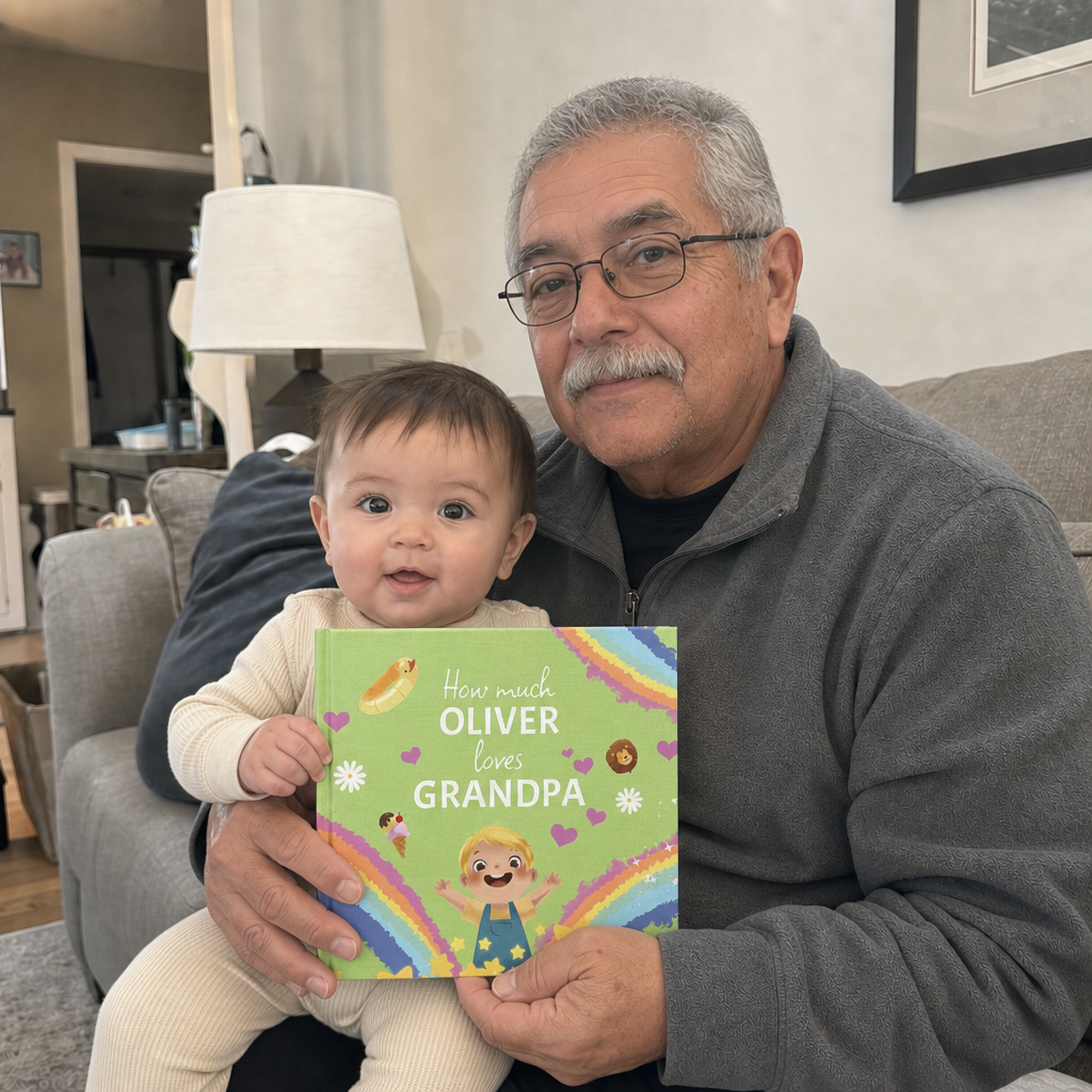 Grandpa holding grandchild with How Much I Love Grandpa book